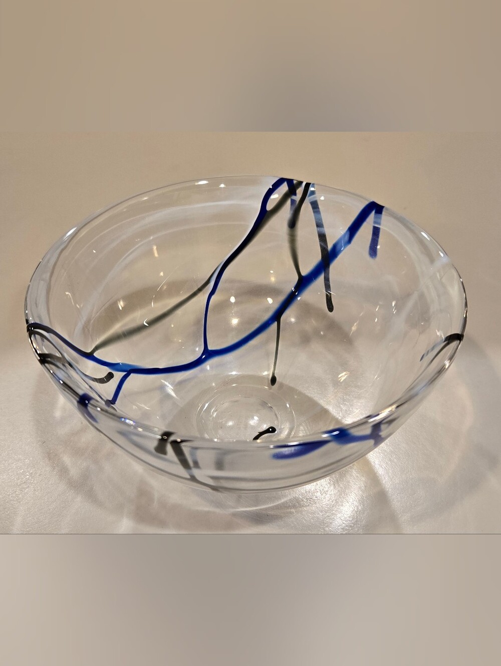 Kosta Boda Hand-Blown Glass Decorative Bowl in Clear with Blue and Black
